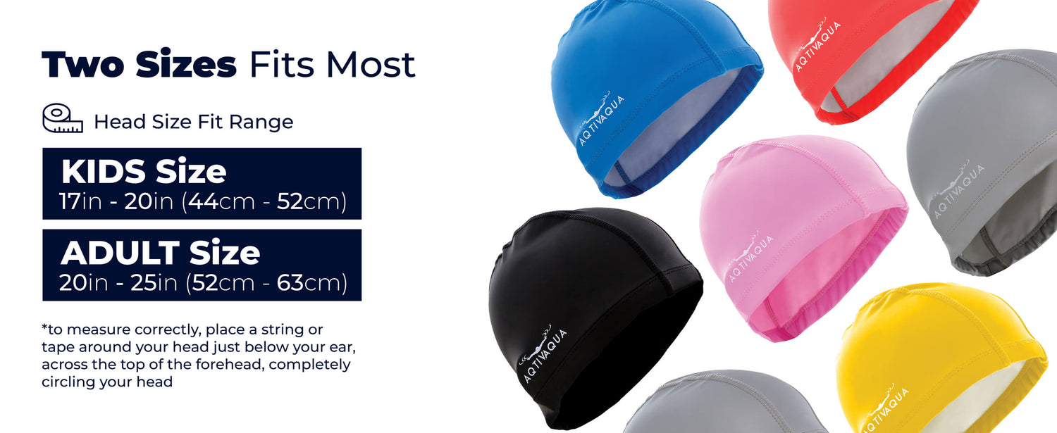 Size chart for AqtivAqua swimming cap, detailing measurements and fit